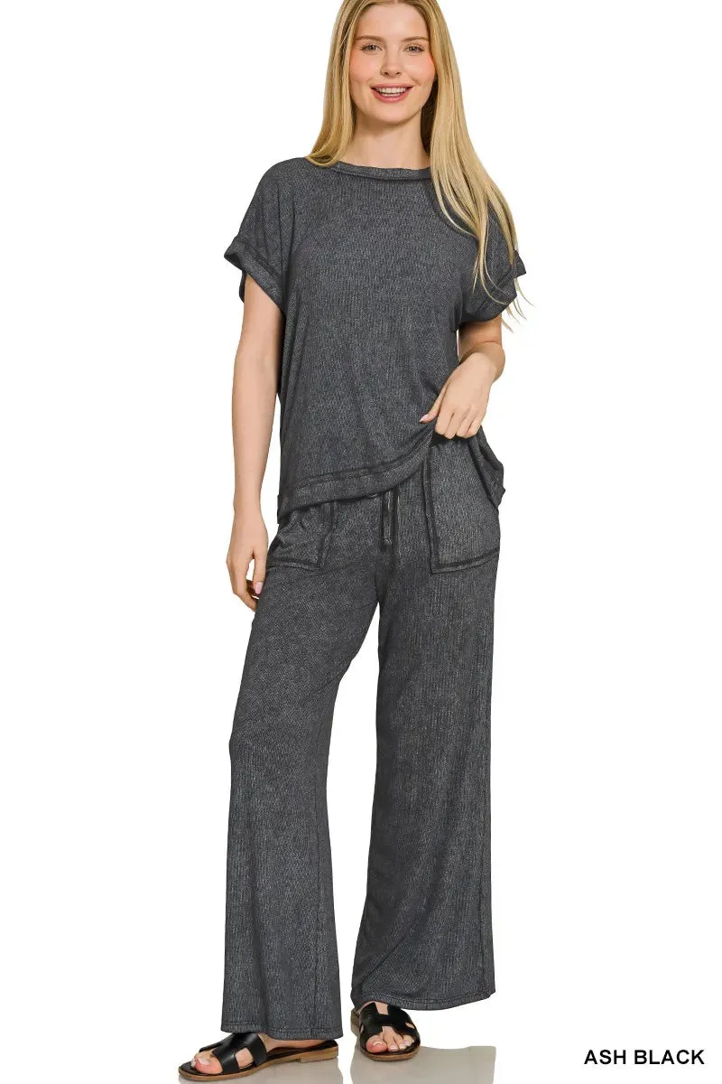 Zenana Ribbed Acid Wash Rayon Top & Pants Set sold by Charming Charlie