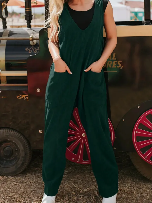 Corduroy V Neck Patched Pocket Sleeveless Jumpsuit sold by Charming Charlie