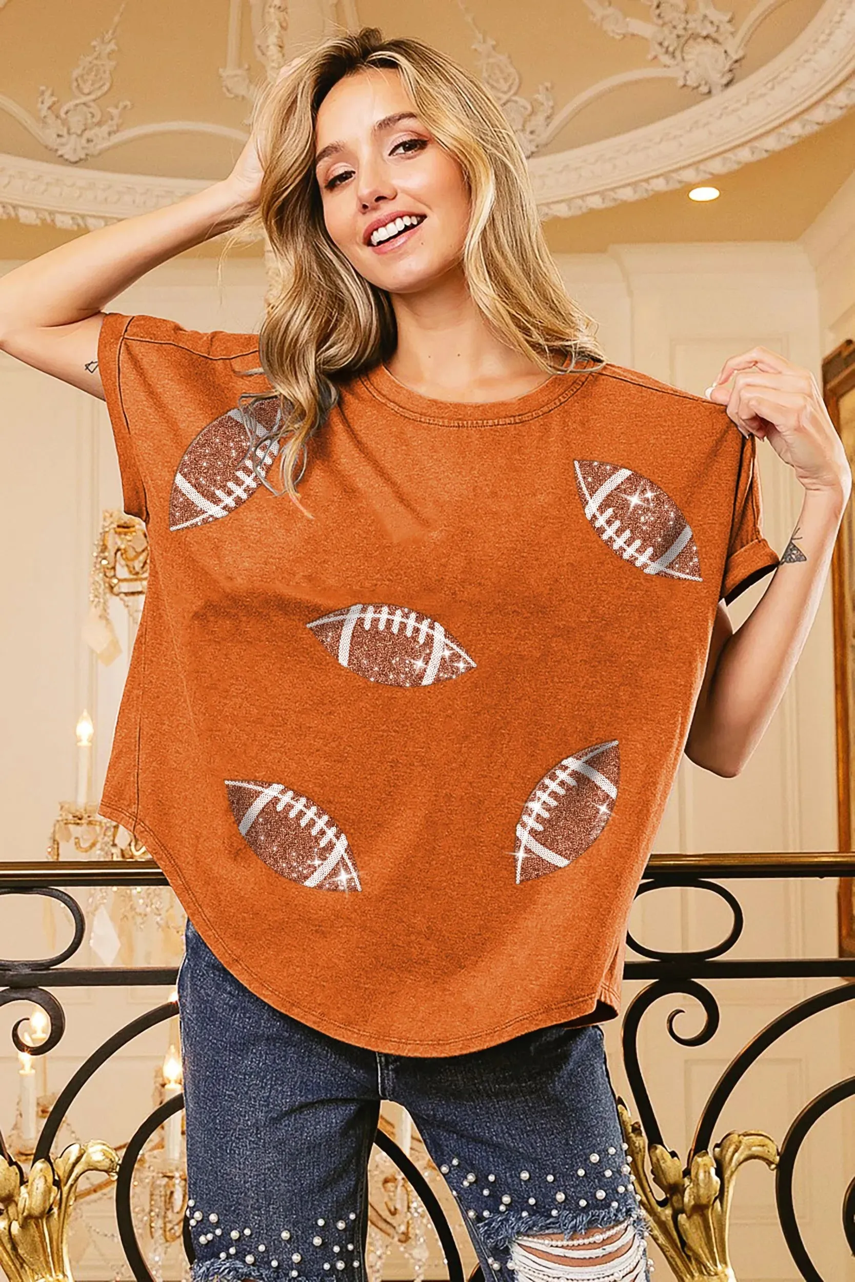BiBi Football Sequin Embroidery Vintage Washed Top sold by Charming Charlie