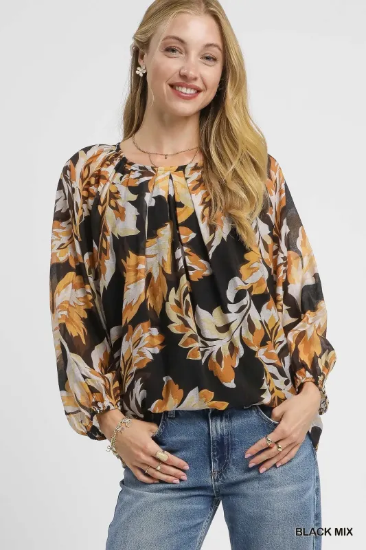 Umgee Autumn Leaf Print Balloon Sleeve Blouse sold by Charming Charlie