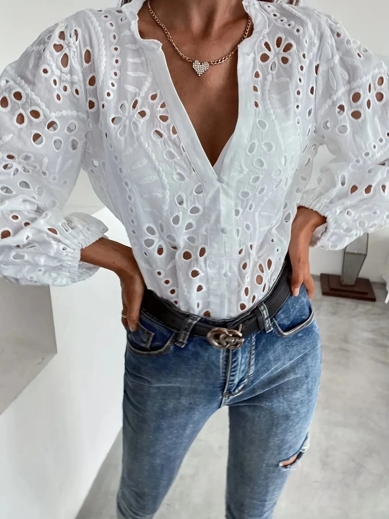 Eyelet Embroidered Button Front Shirt with Puffed Sleeves sold by Charming Charlie product image thumbnail 5
