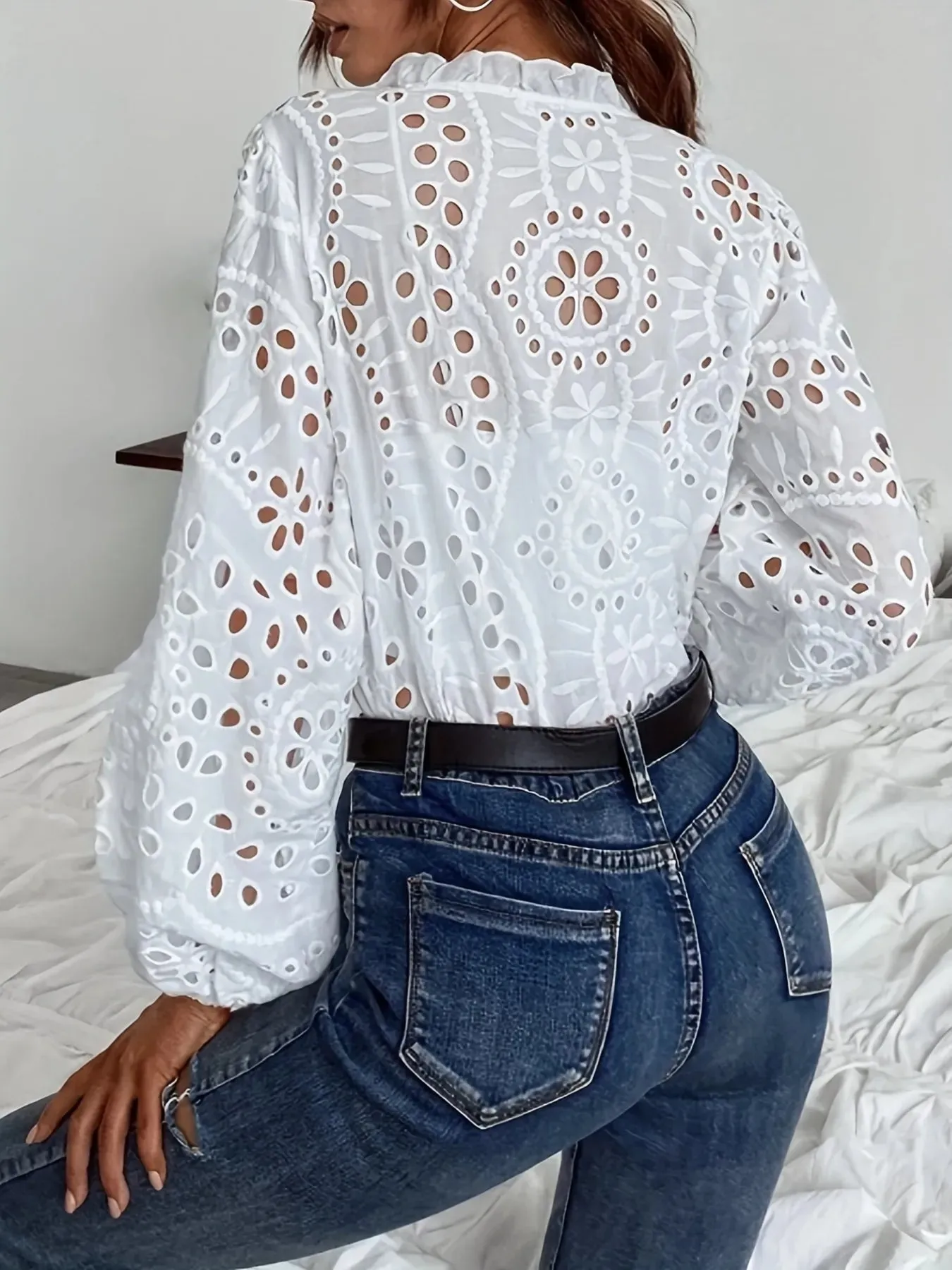 Eyelet Embroidered Button Front Shirt with Puffed Sleeves sold by Charming Charlie product image thumbnail 2