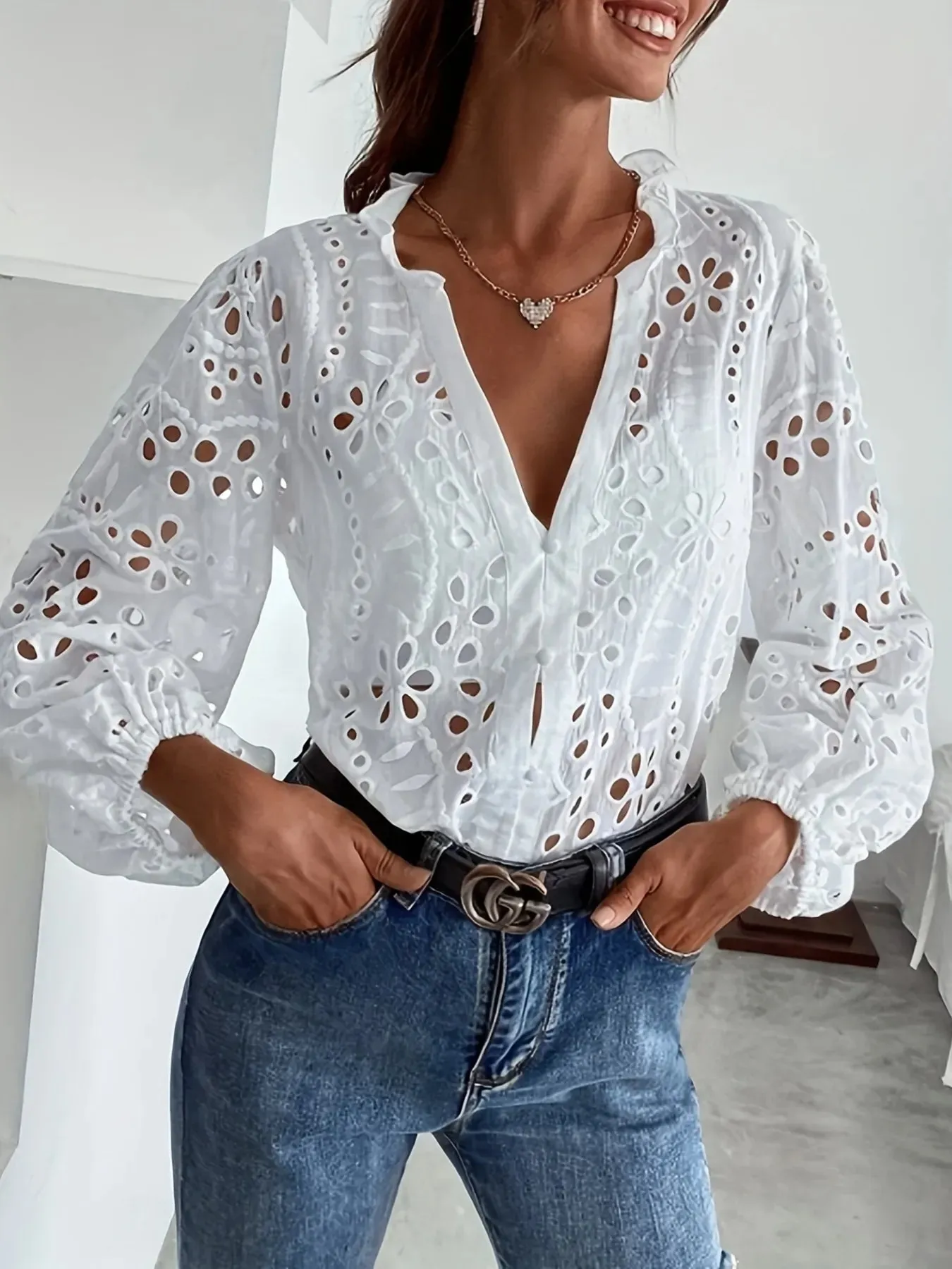 Eyelet Embroidered Button Front Shirt with Puffed Sleeves sold by Charming Charlie product image thumbnail 3