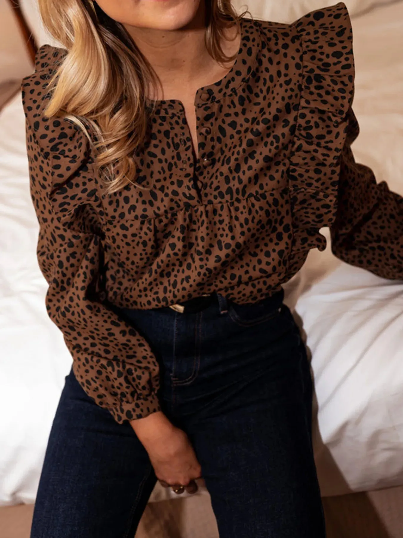 Leopard Print Ruffled Puff Sleeve Blouse sold by Charming Charlie