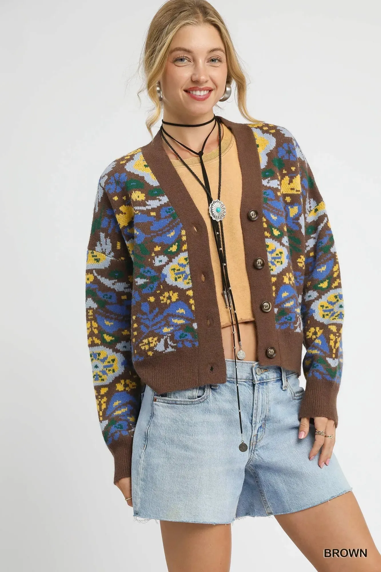 Umgee Floral Knit Button-Up Cardigan sold by Charming Charlie