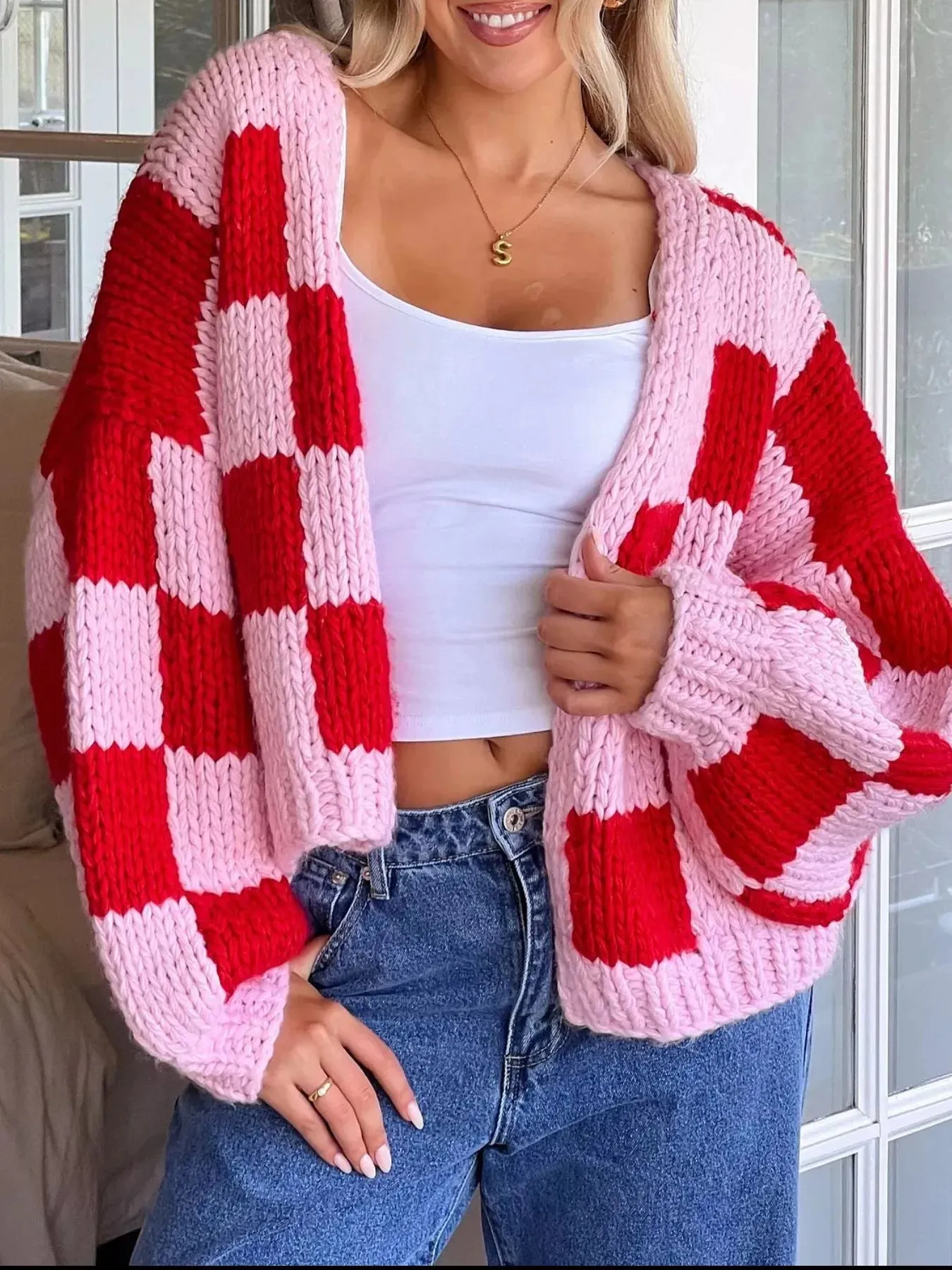 Checkered Open Front Long Sleeve Cardigan sold by Charming Charlie