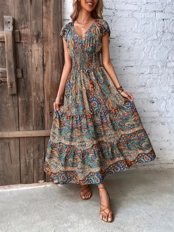 Printed V-Neck Cap Sleeve Dress sold by Charming Charlie
