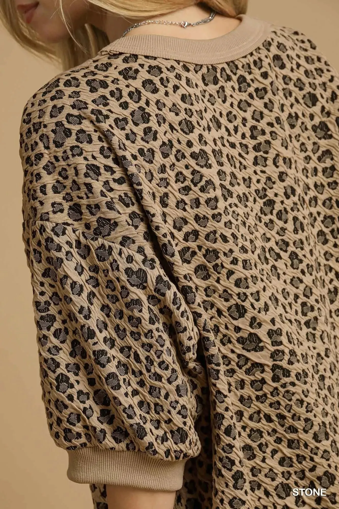 Umgee Leopard Knit Jacquard Puff Sleeve Sweatshirt sold by Charming Charlie product image thumbnail 5