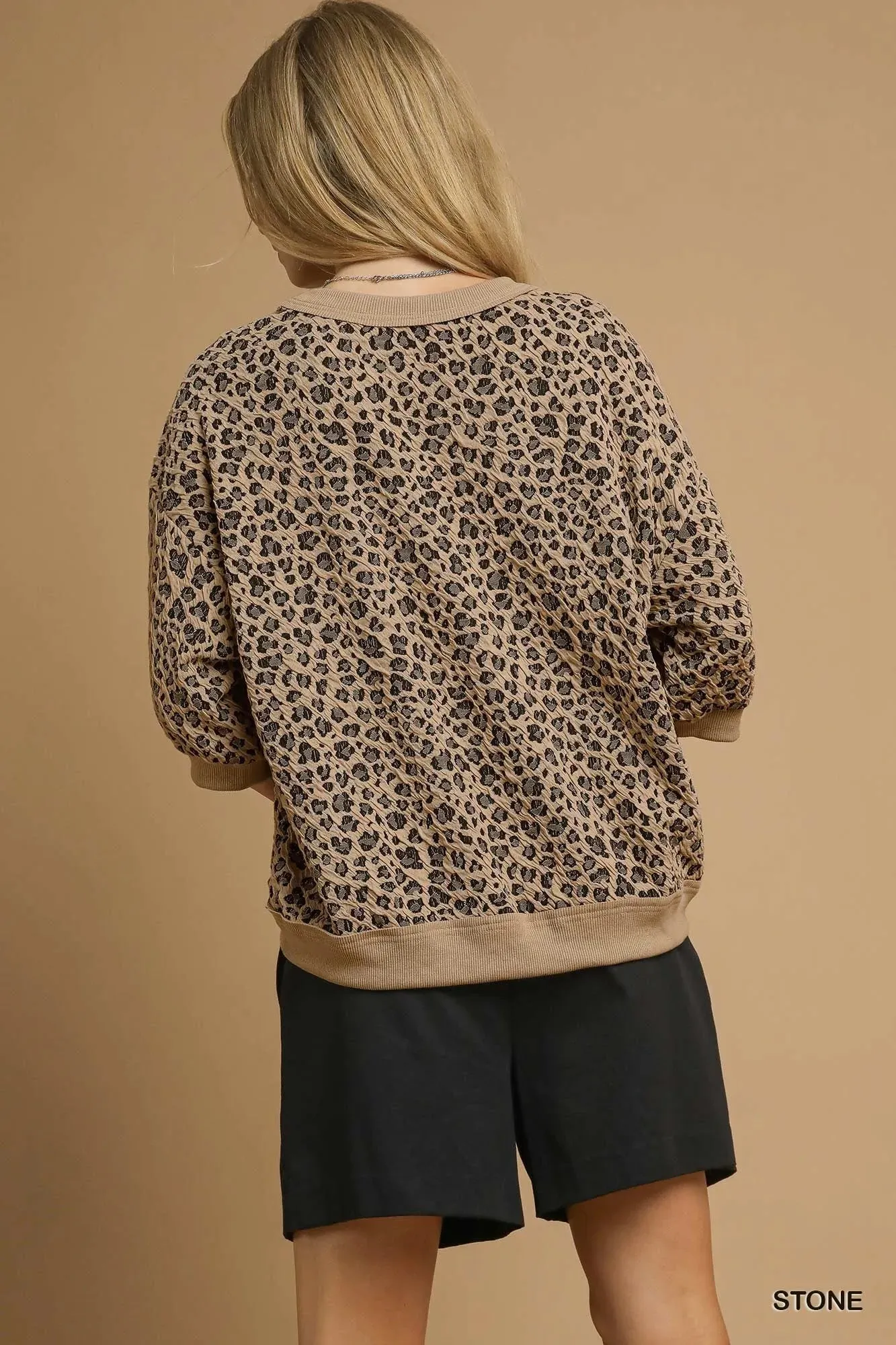 Umgee Leopard Knit Jacquard Puff Sleeve Sweatshirt sold by Charming Charlie product image thumbnail 2