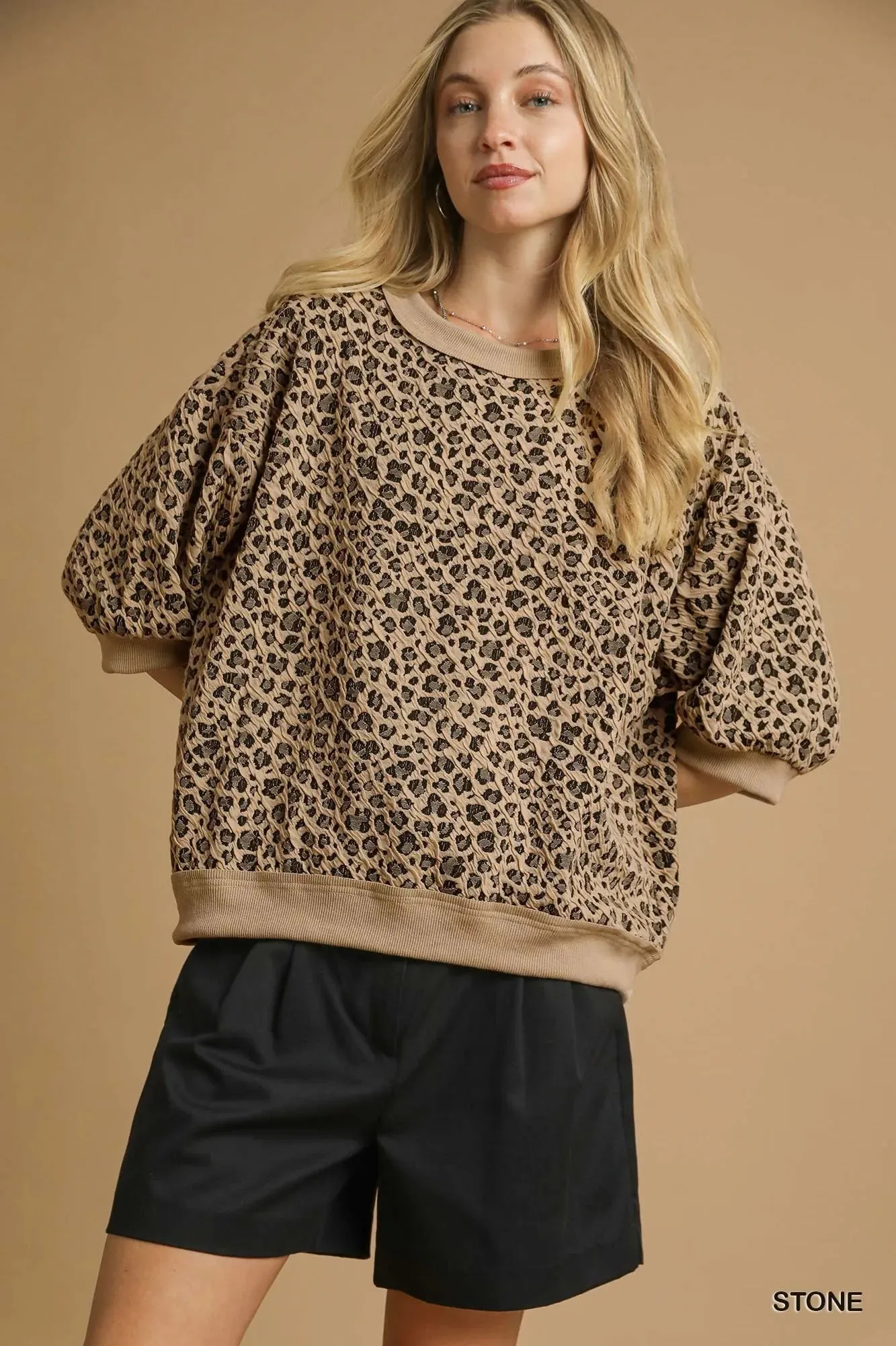 Umgee Leopard Knit Jacquard Puff Sleeve Sweatshirt sold by Charming Charlie