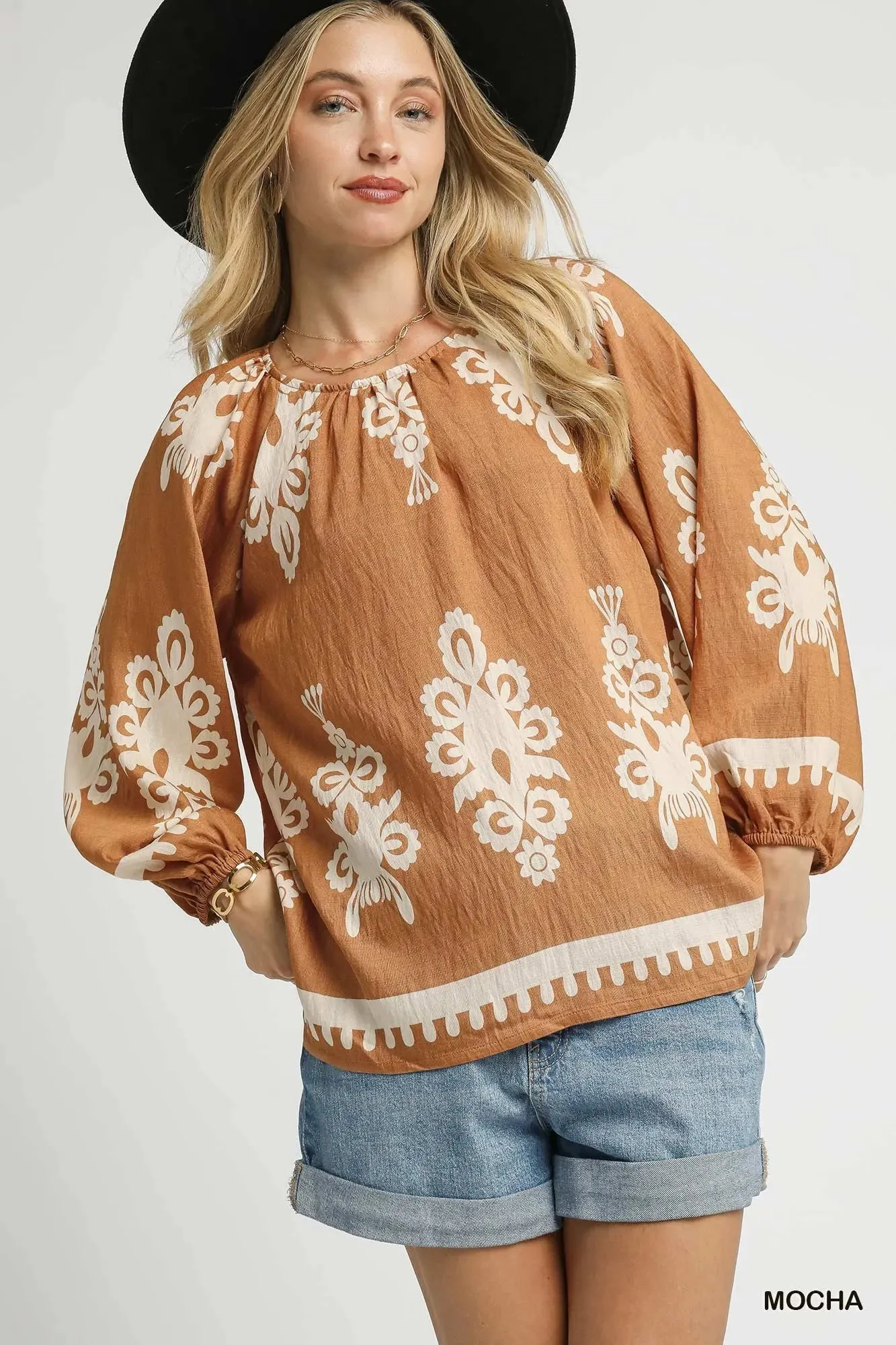 Umgee Full Size Two Tone Border Print Top with Balloon Sleeves Plus Size sold by Charming Charlie