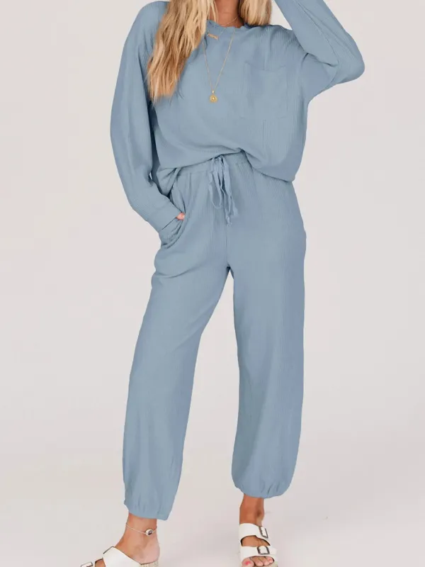 Ribbed Round Neck Sweatshirt and Drawstring Pants Set sold by Charming Charlie