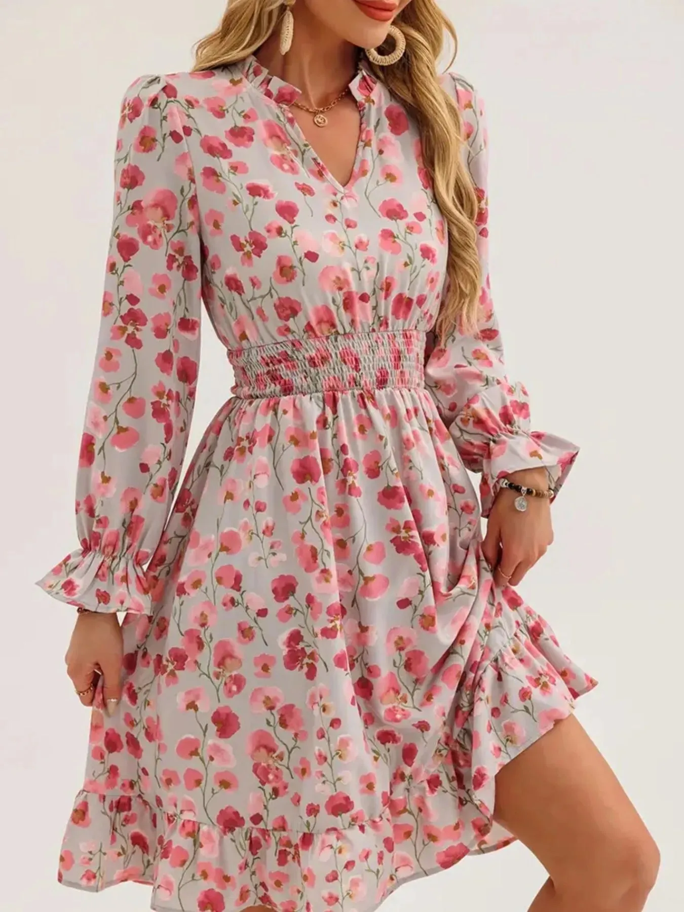 Floral Print Flounce Sleeve Ruffle Hem Dress sold by Charming Charlie product image thumbnail 4