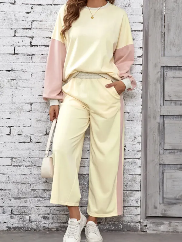 Color Block Round Neck Top and Pants Set made by Trendsi
