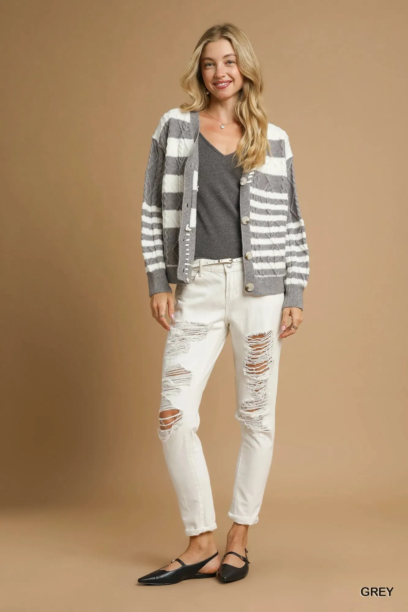 Umgee Cable-Knit Stripe Button-Up Cardigan sold by Charming Charlie product image thumbnail 3