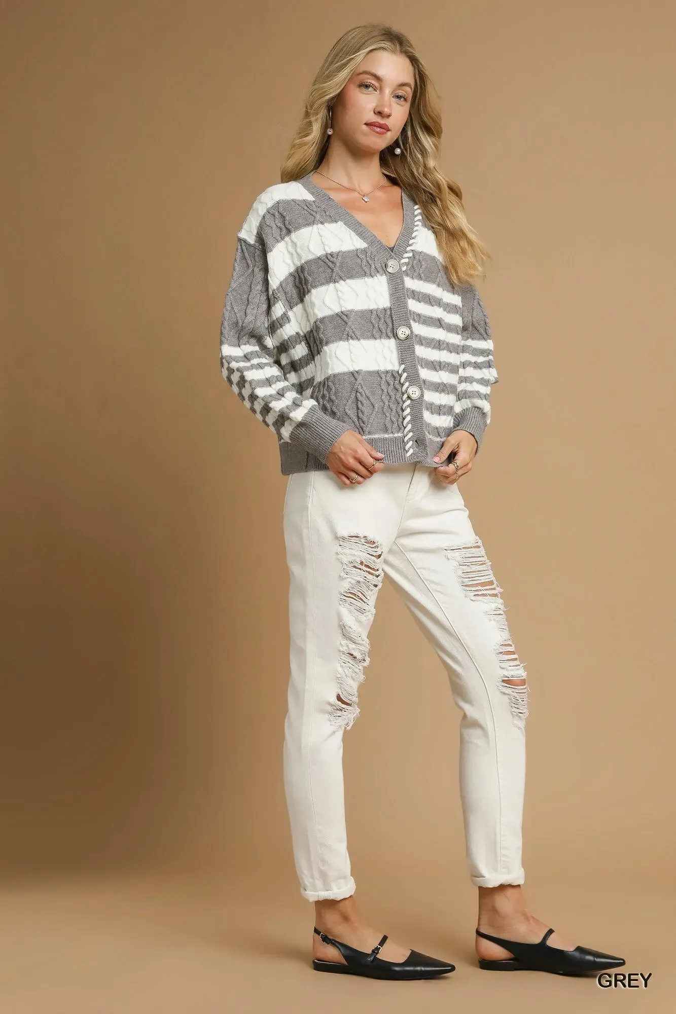 Umgee Cable-Knit Stripe Button-Up Cardigan sold by Charming Charlie product image thumbnail 4