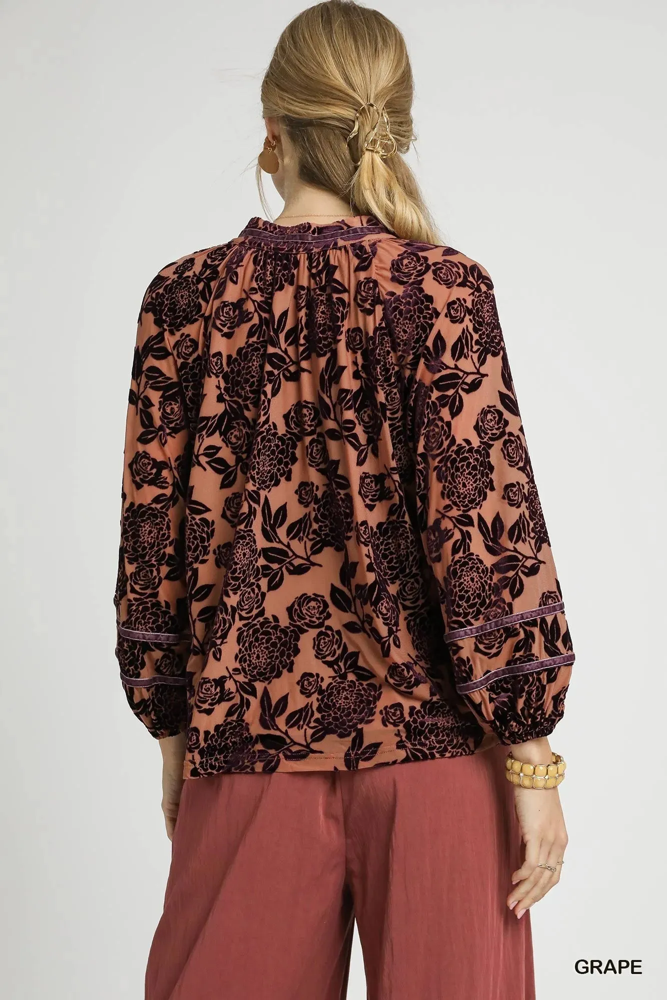 Umgee Floral Velvet Blouse with Balloon Sleeves sold by Charming Charlie product image thumbnail 2