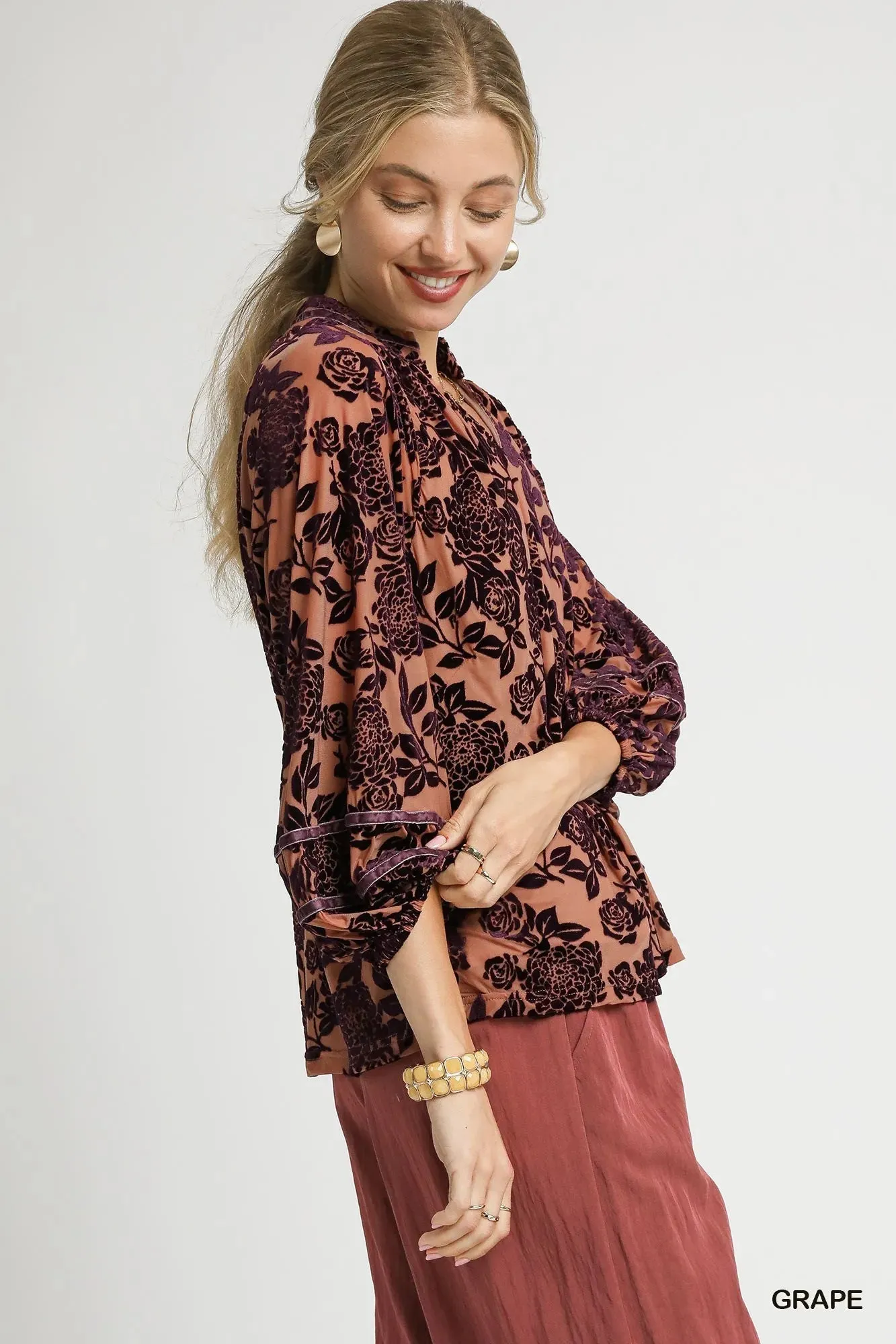 Umgee Floral Velvet Blouse with Balloon Sleeves sold by Charming Charlie product image thumbnail 3