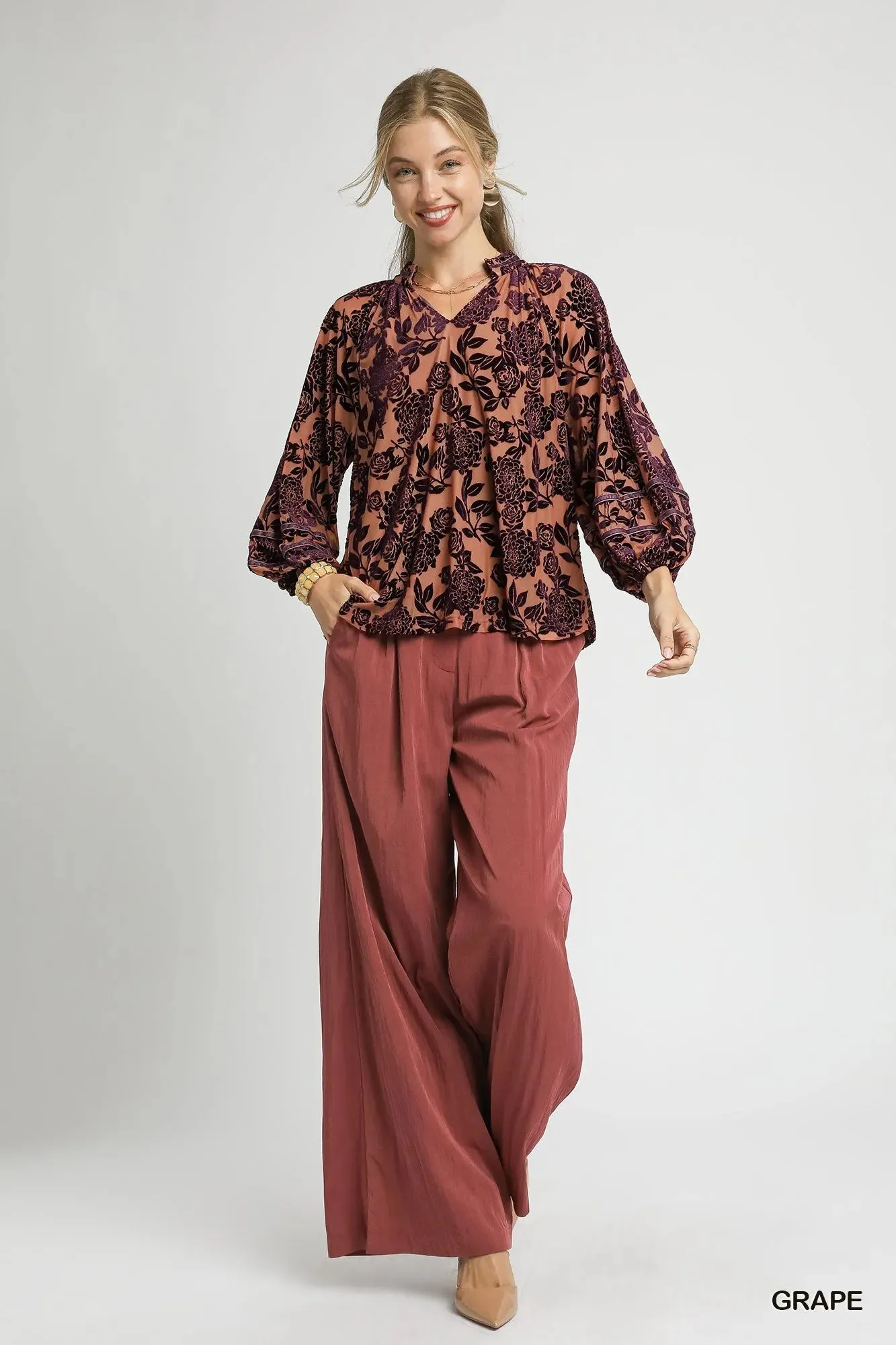 Umgee Floral Velvet Blouse with Balloon Sleeves sold by Charming Charlie product image thumbnail 4