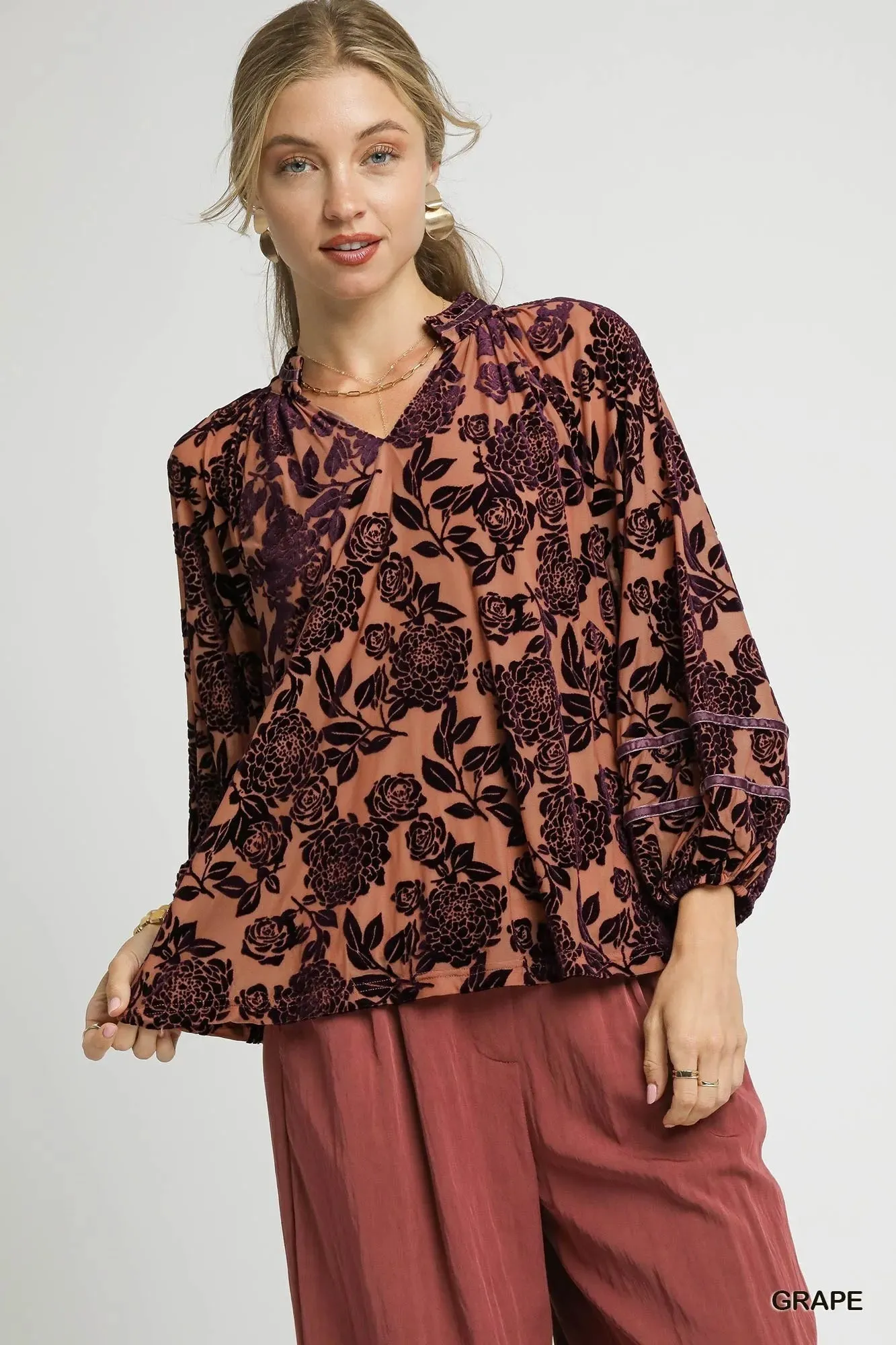 Umgee Floral Velvet Blouse with Balloon Sleeves sold by Charming Charlie