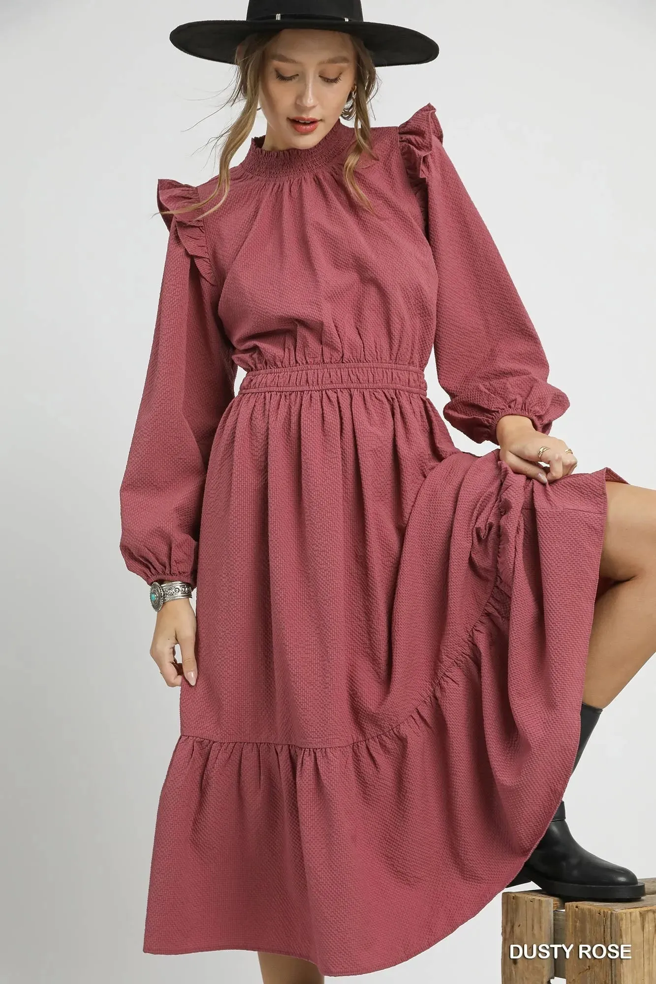 Umgee Textured Midi Dress with Ruffle Shoulder Detail sold by Charming Charlie