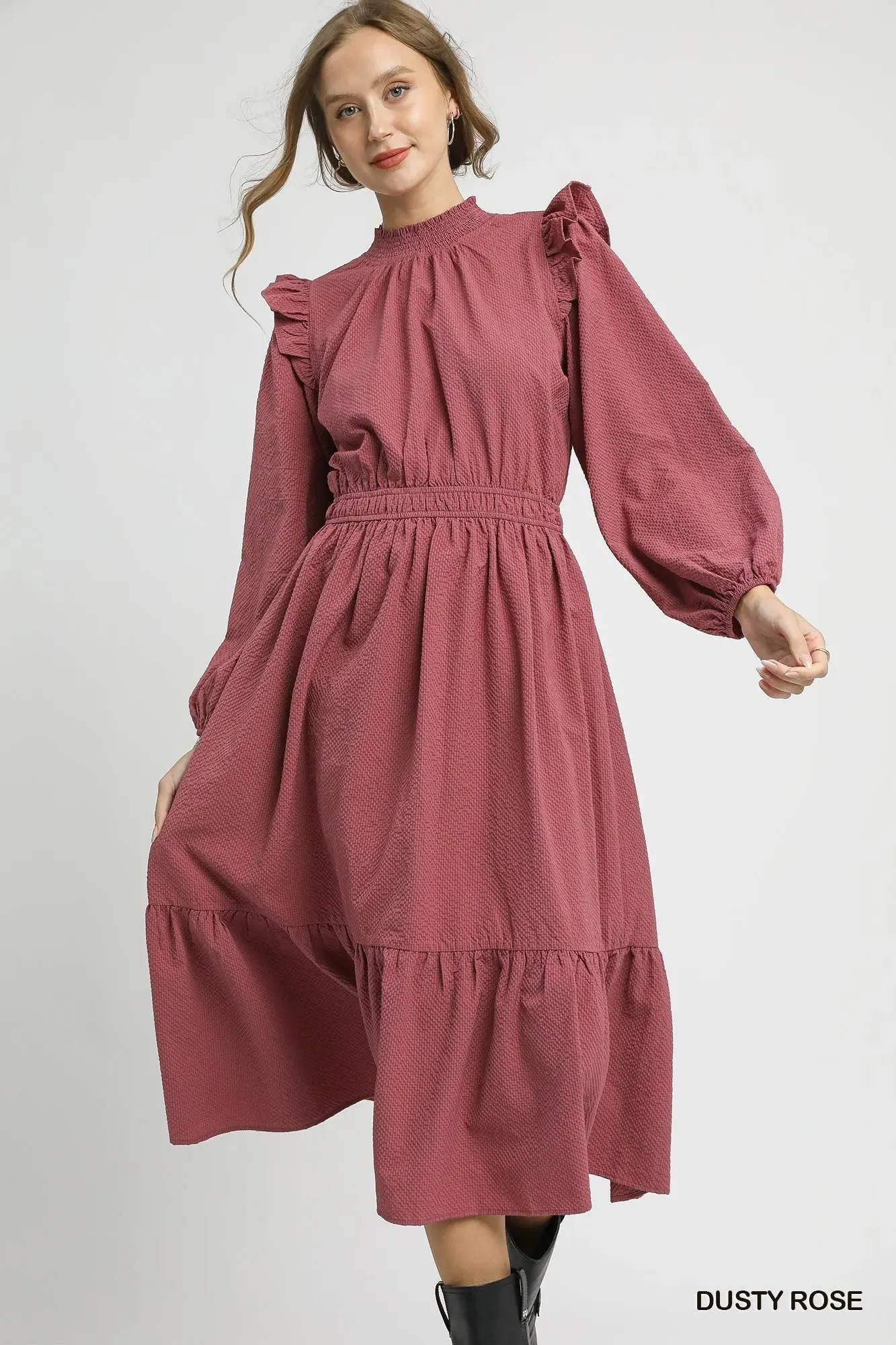 Umgee Textured Midi Dress with Ruffle Shoulder Detail sold by Charming Charlie product image thumbnail 2