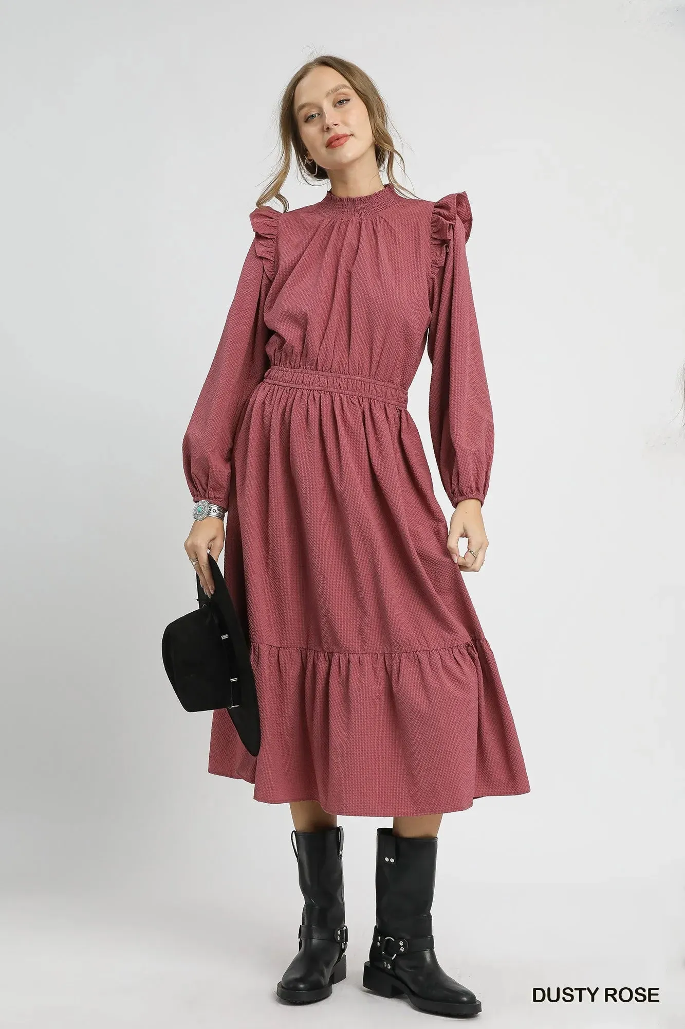 Umgee Textured Midi Dress with Ruffle Shoulder Detail sold by Charming Charlie product image thumbnail 3