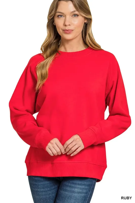 Zenana Fleece Round Neck Ribbed Side Raglan Sweatshirt sold by Charming Charlie