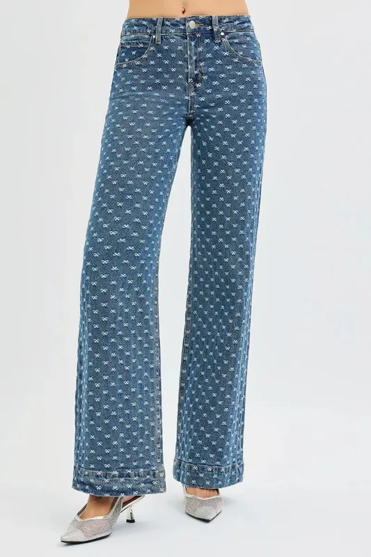 RISEN High Rise Wide Leg Bow Embroidered Jeans sold by Charming Charlie