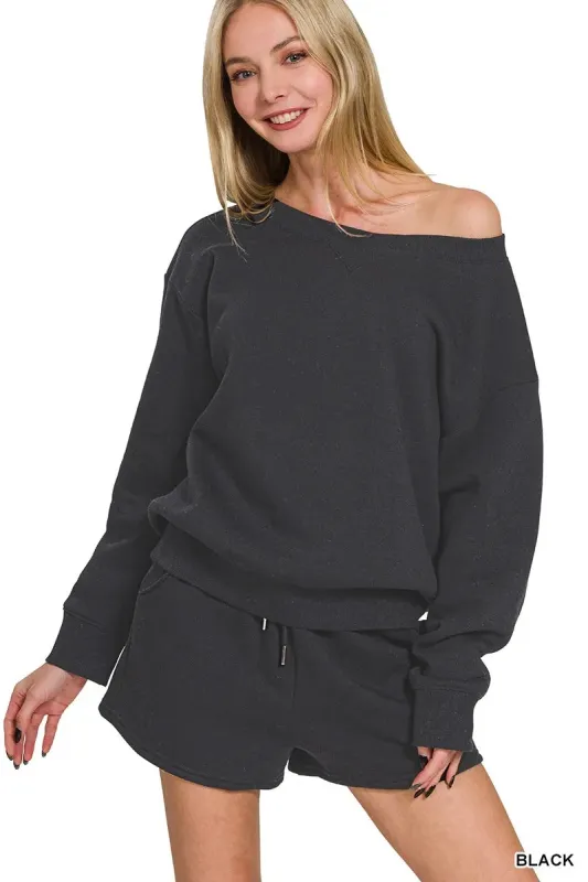 Zenana Fleece Boat Neck Sweatshirt and Shorts Set sold by Charming Charlie