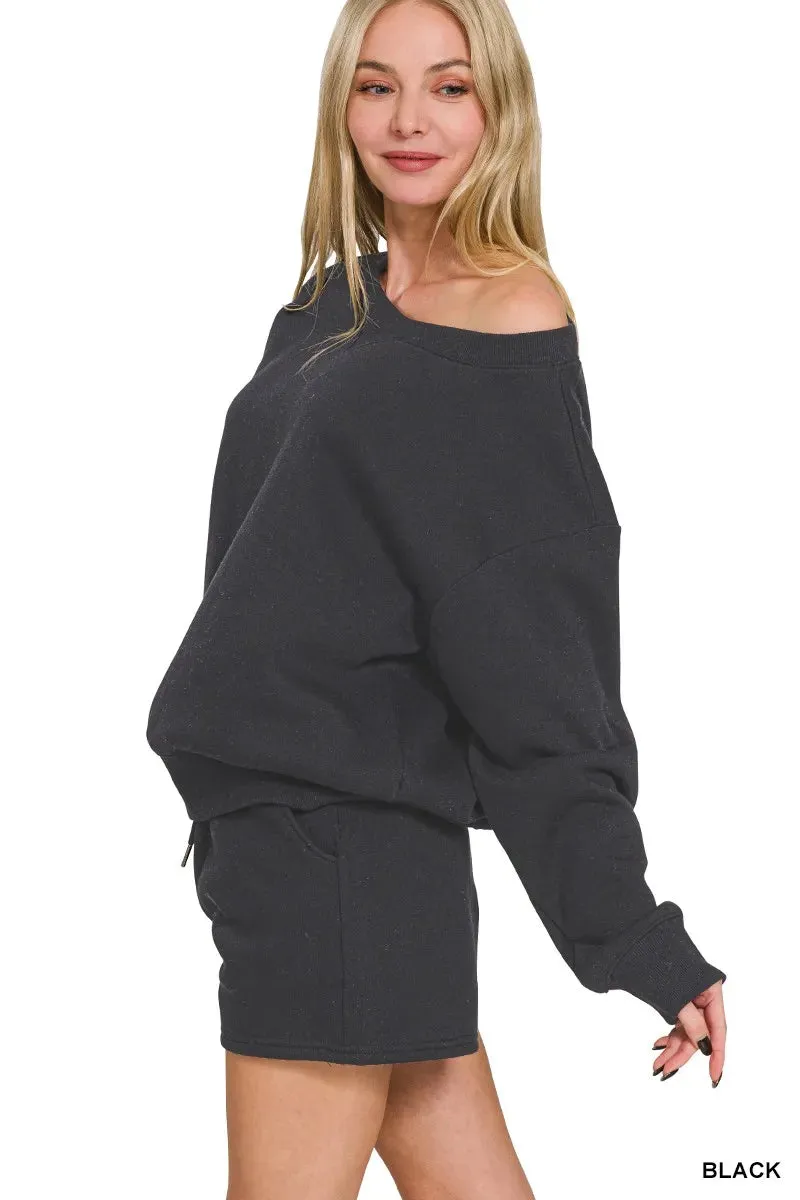 Zenana Fleece Boat Neck Sweatshirt and Shorts Set sold by Charming Charlie product image thumbnail 2