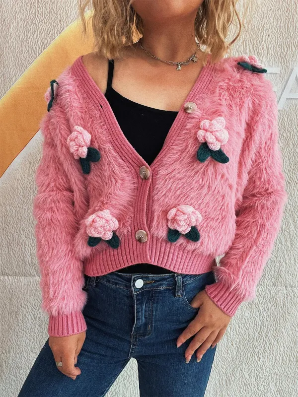 Flower Fuzzy Button-Up Cardigan sold by Charming Charlie