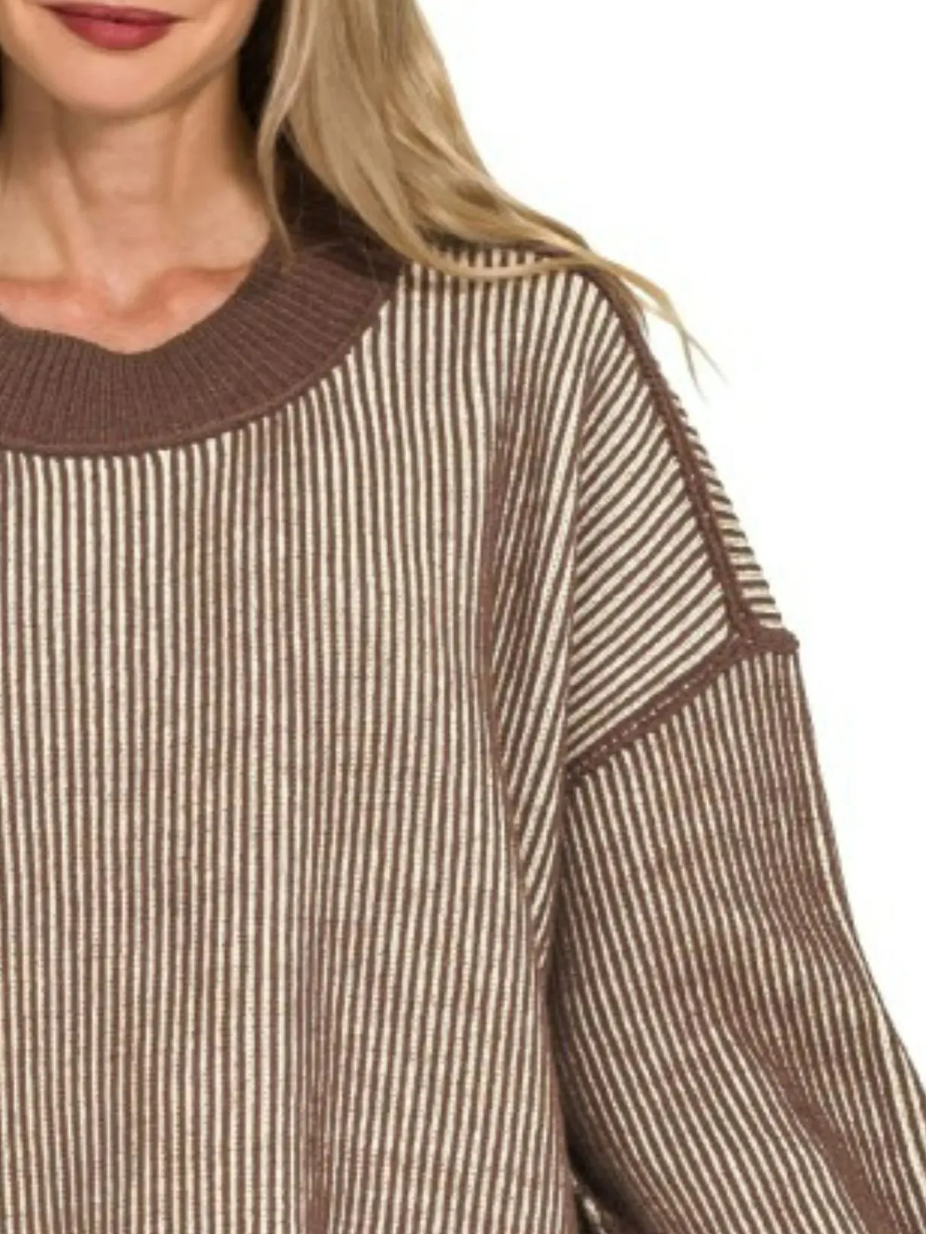 Zenana Exposed Seam Two Tone Ribbed Sweater sold by Charming Charlie product image thumbnail 2