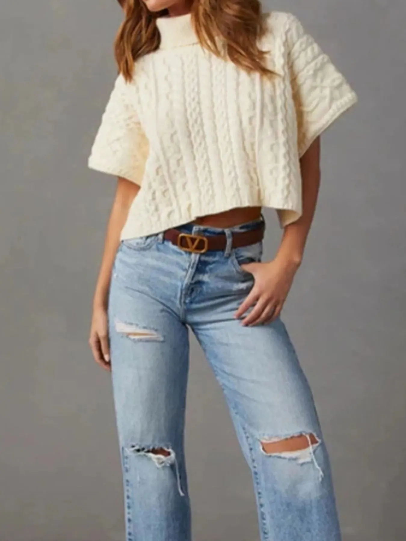 Cable Knit Turtleneck Short Sleeve Sweater sold by Charming Charlie product image thumbnail 3