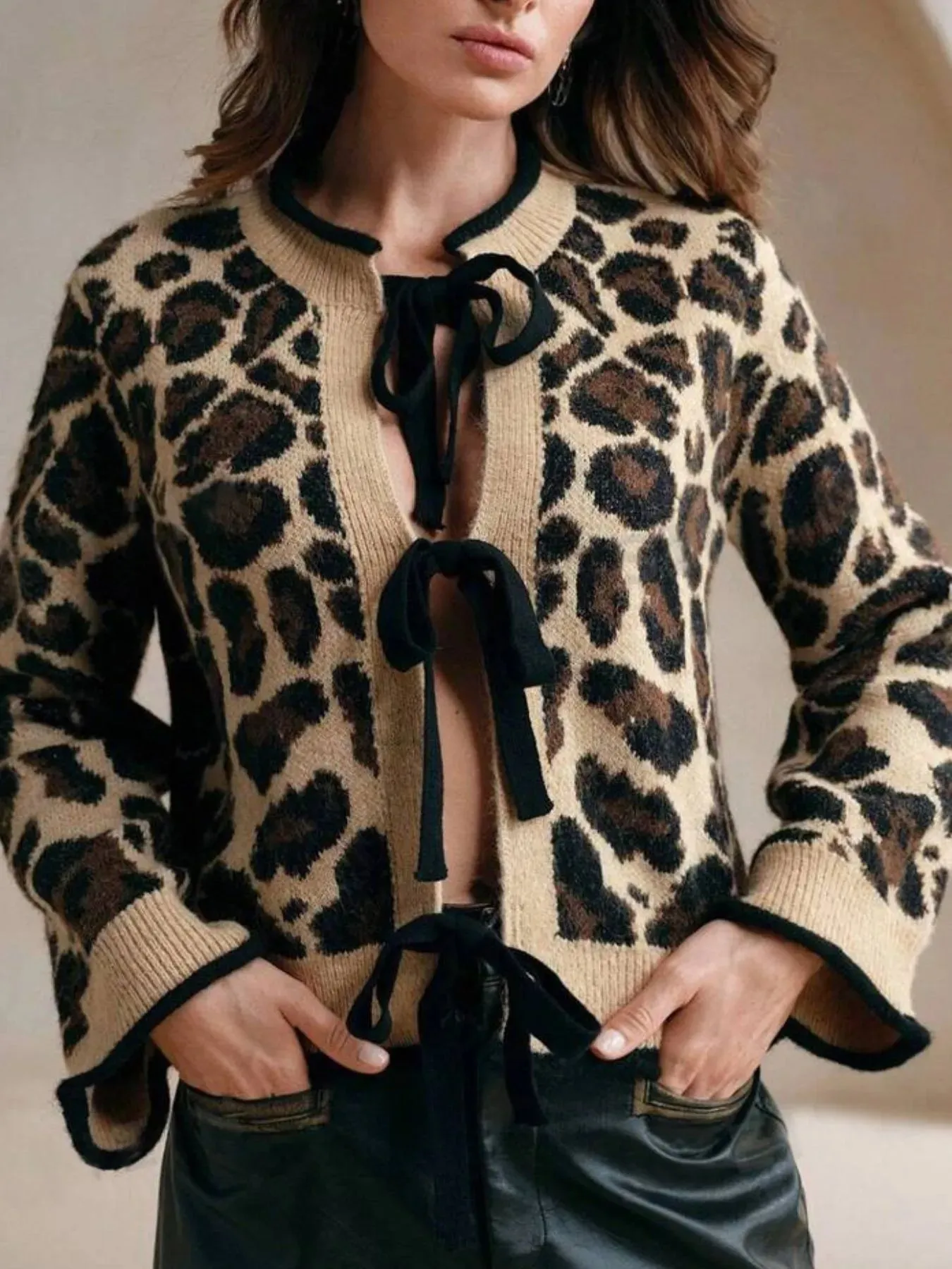Leopard Print Bow-Tie Front Cropped Cardigan sold by Charming Charlie product image thumbnail 3