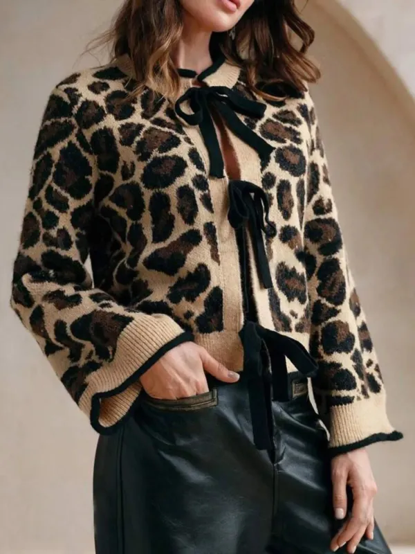 Leopard Print Bow-Tie Front Cropped Cardigan sold by Charming Charlie