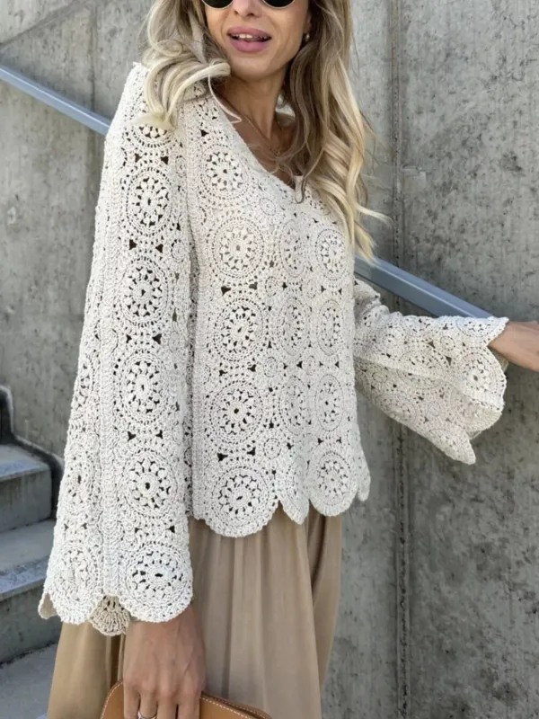 Crochet Lace V-Neck Bell Sleeve Knit Top sold by Charming Charlie