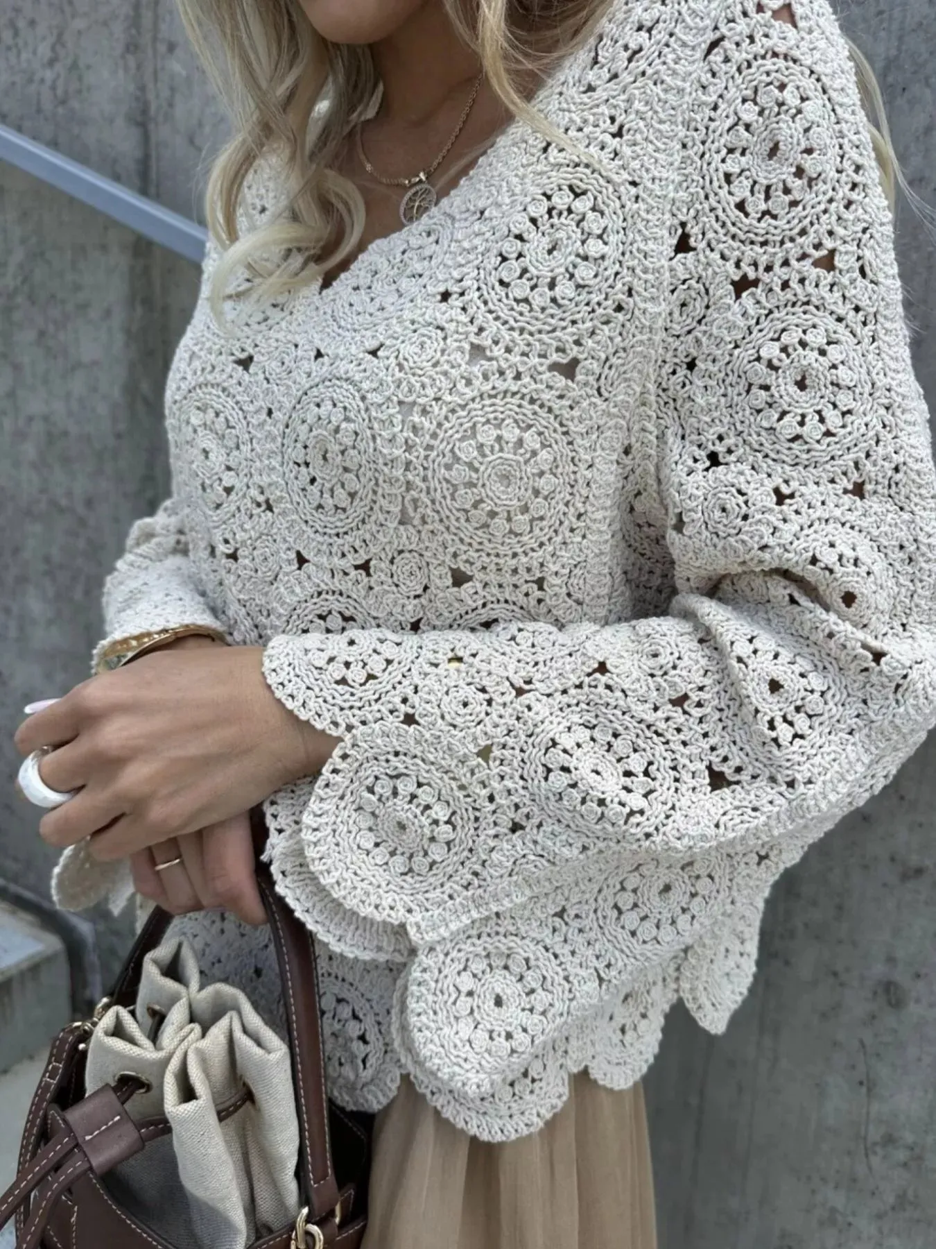 Crochet Lace V-Neck Bell Sleeve Knit Top sold by Charming Charlie product image thumbnail 2