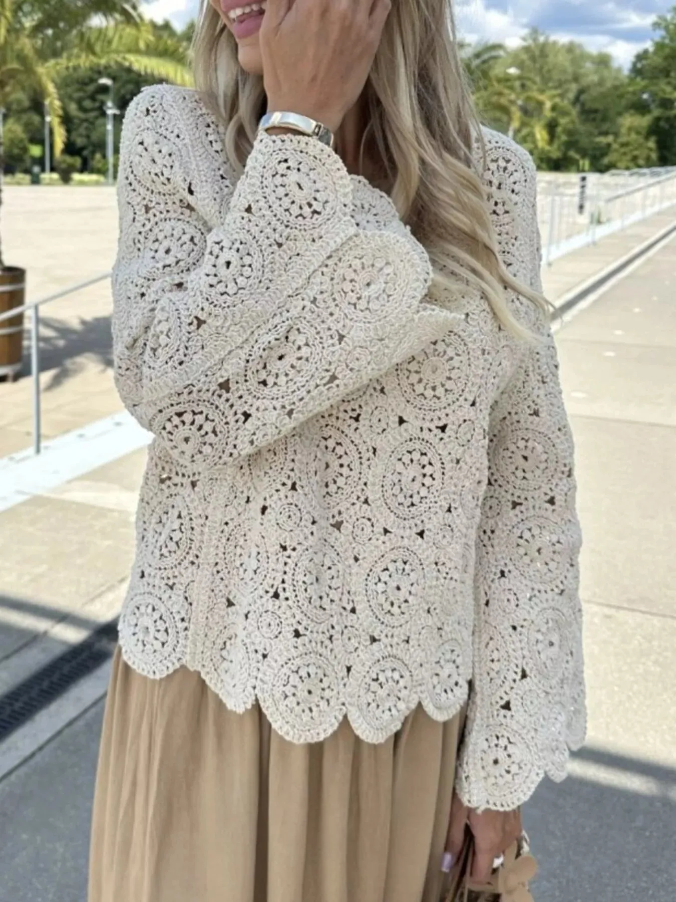 Crochet Lace V-Neck Bell Sleeve Knit Top sold by Charming Charlie product image thumbnail 3