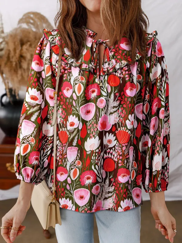 Floral Balloon Sleeve Tie Neck Blouse sold by Charming Charlie