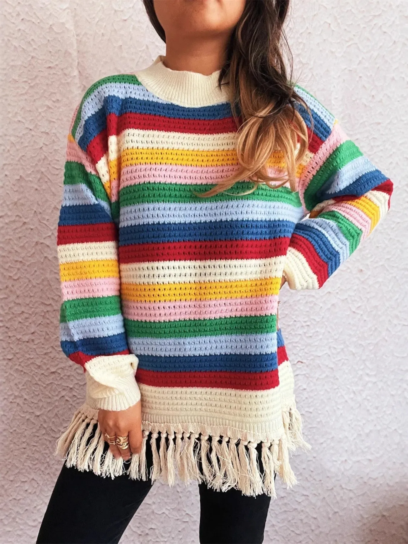 Tassel Rainbow Striped Long Sleeve Sweater sold by Charming Charlie product image thumbnail 2