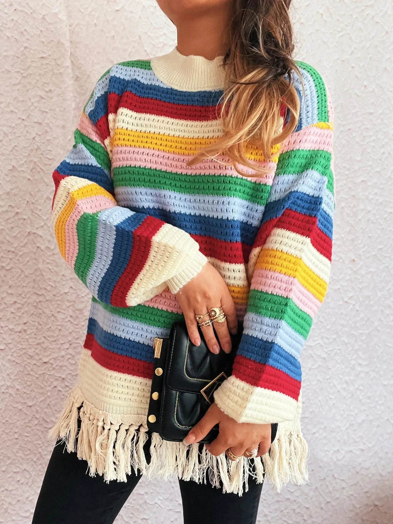Tassel Rainbow Striped Long Sleeve Sweater sold by Charming Charlie product image thumbnail 3