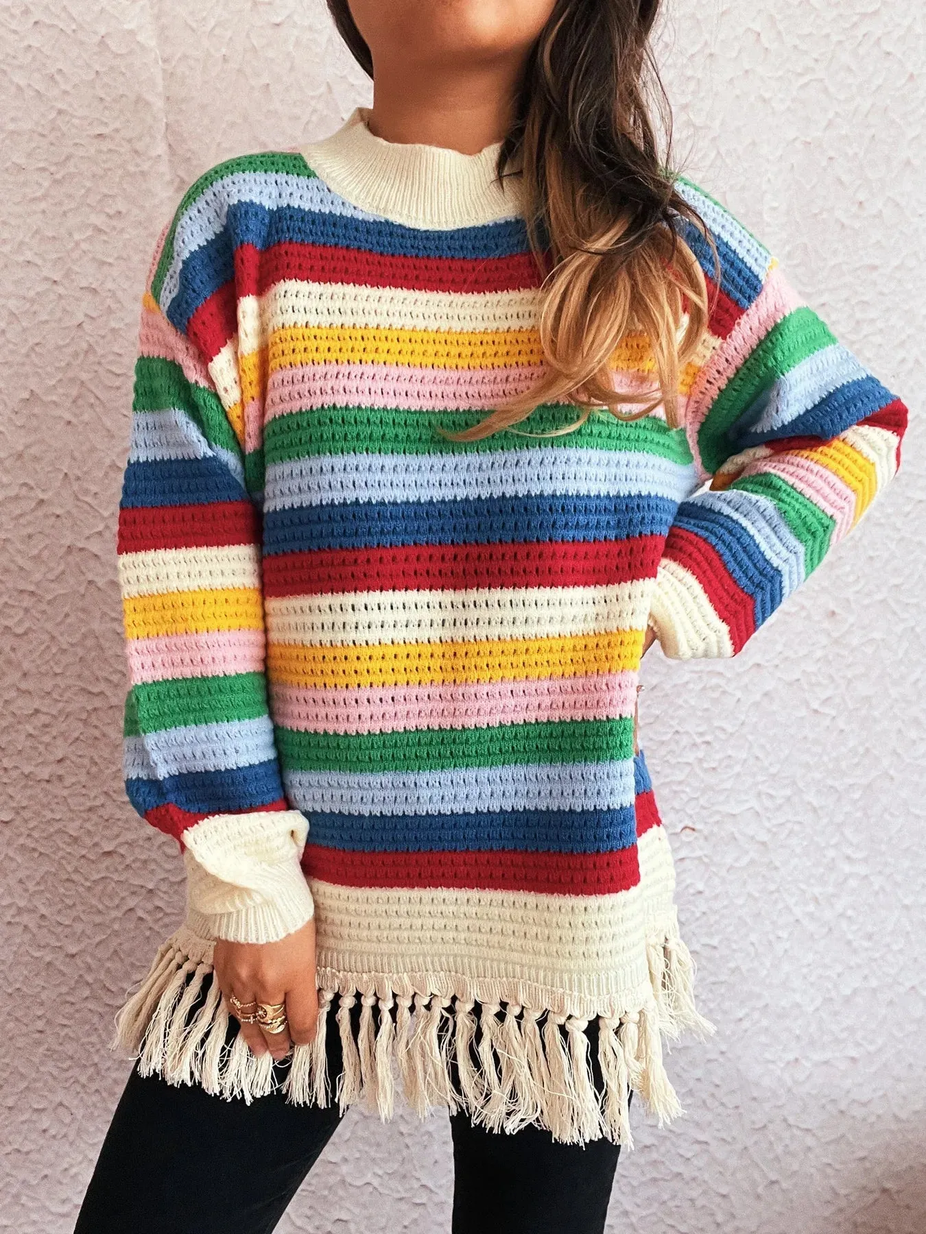 Tassel Rainbow Striped Long Sleeve Sweater sold by Charming Charlie product image thumbnail 4