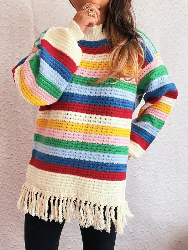 Tassel Rainbow Striped Long Sleeve Sweater sold by Charming Charlie