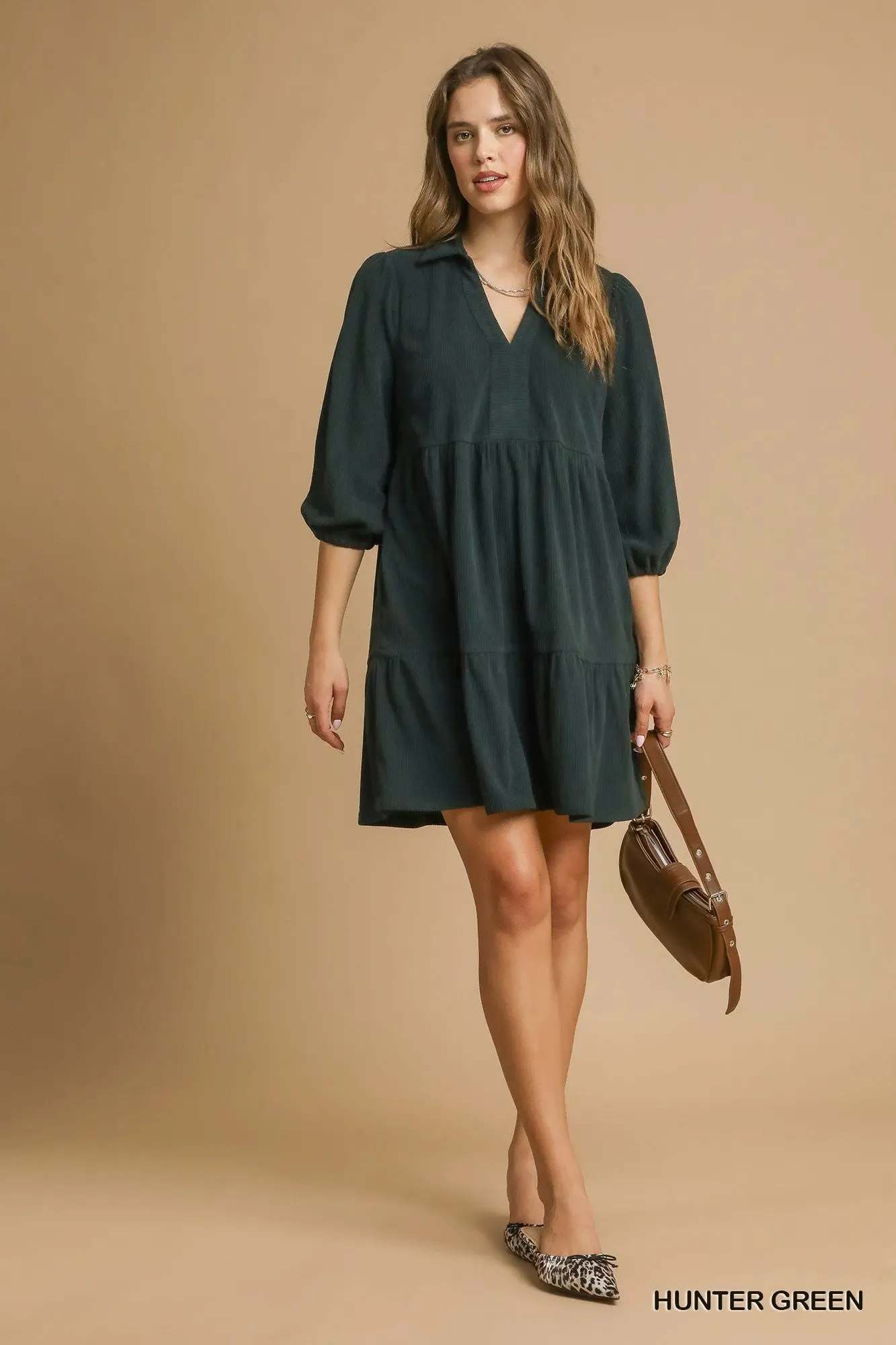 Umgee Tiered Johnny Collar Balloon Sleeve Dress sold by Charming Charlie