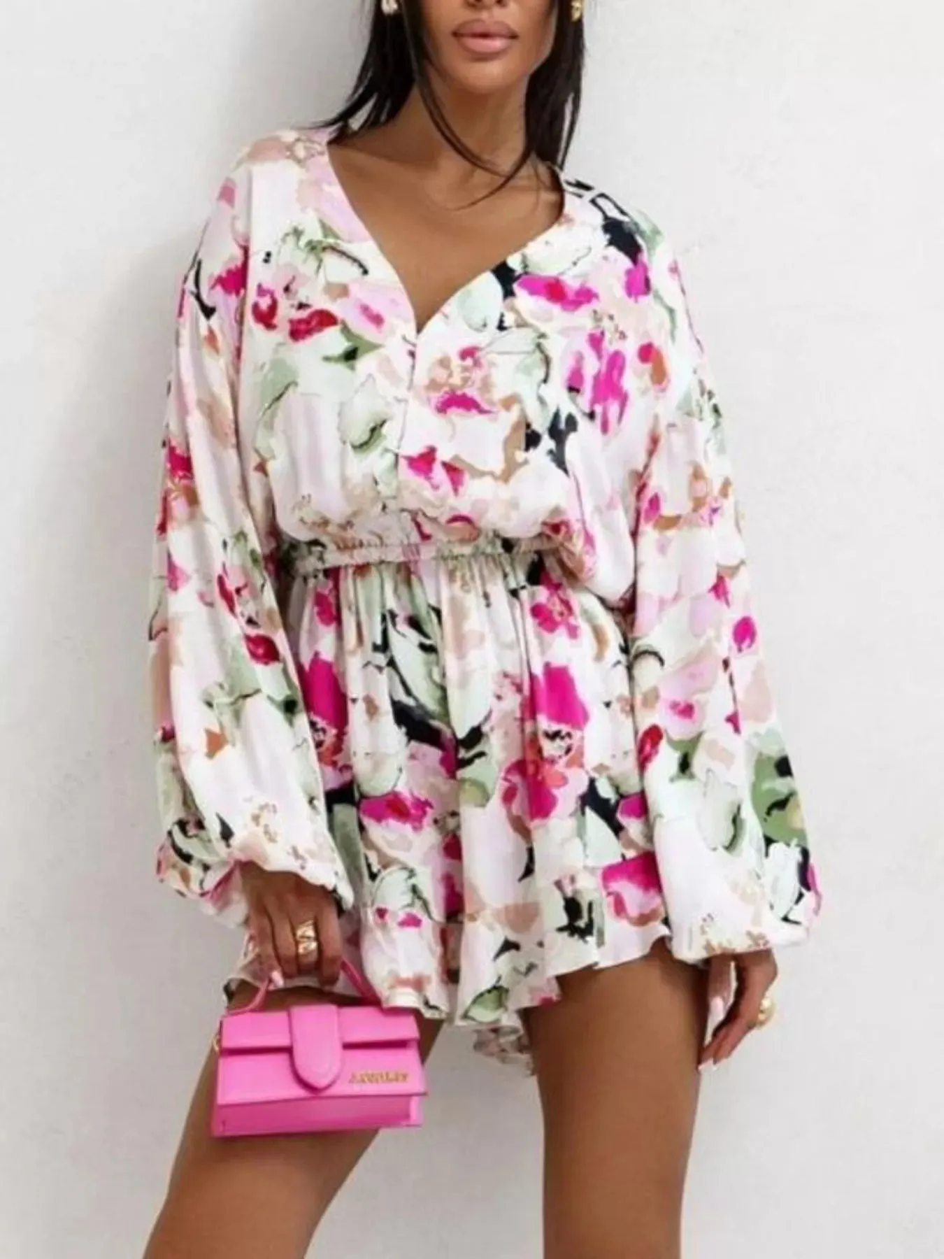 Floral V-Neck Long Sleeve Romper with Elastic Waist sold by Charming Charlie product image thumbnail 5