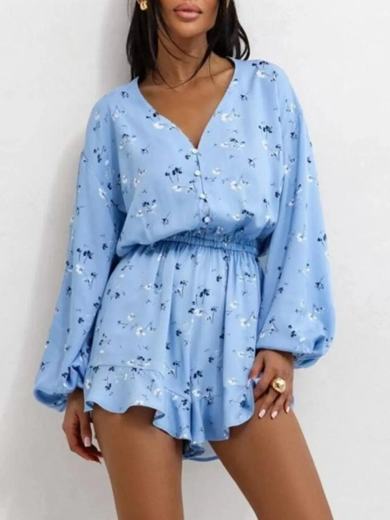 Floral V-Neck Long Sleeve Romper with Elastic Waist sold by Charming Charlie product image thumbnail 2