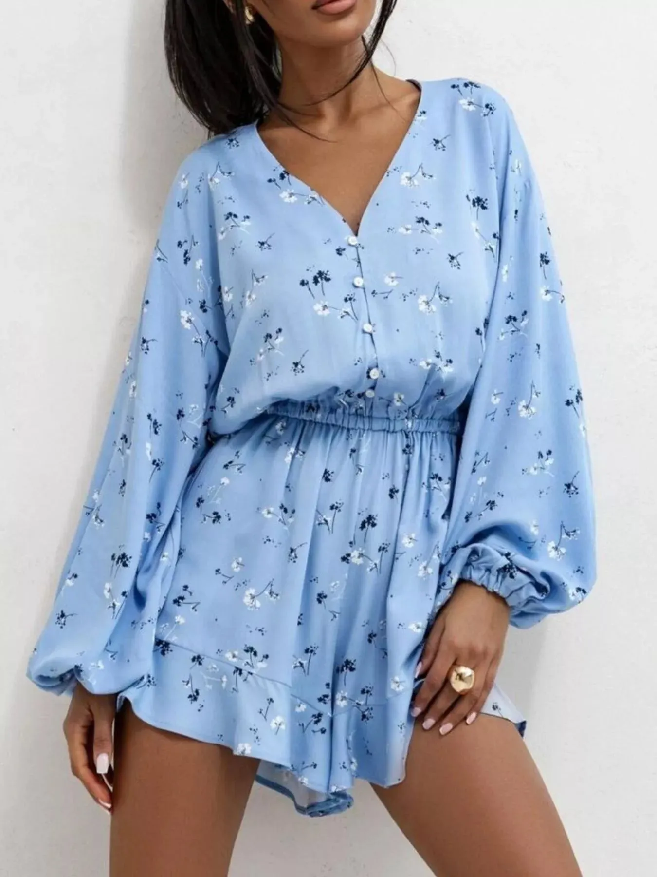 Floral V-Neck Long Sleeve Romper with Elastic Waist sold by Charming Charlie product image thumbnail 3