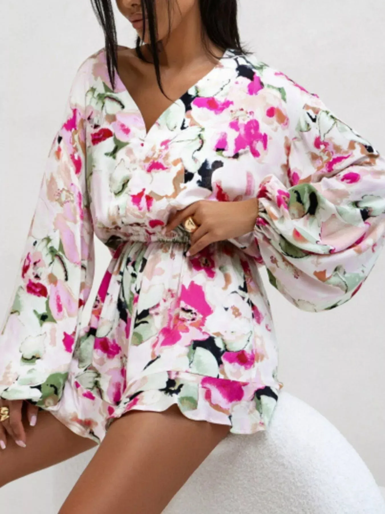 Floral V-Neck Long Sleeve Romper with Elastic Waist sold by Charming Charlie product image thumbnail 4