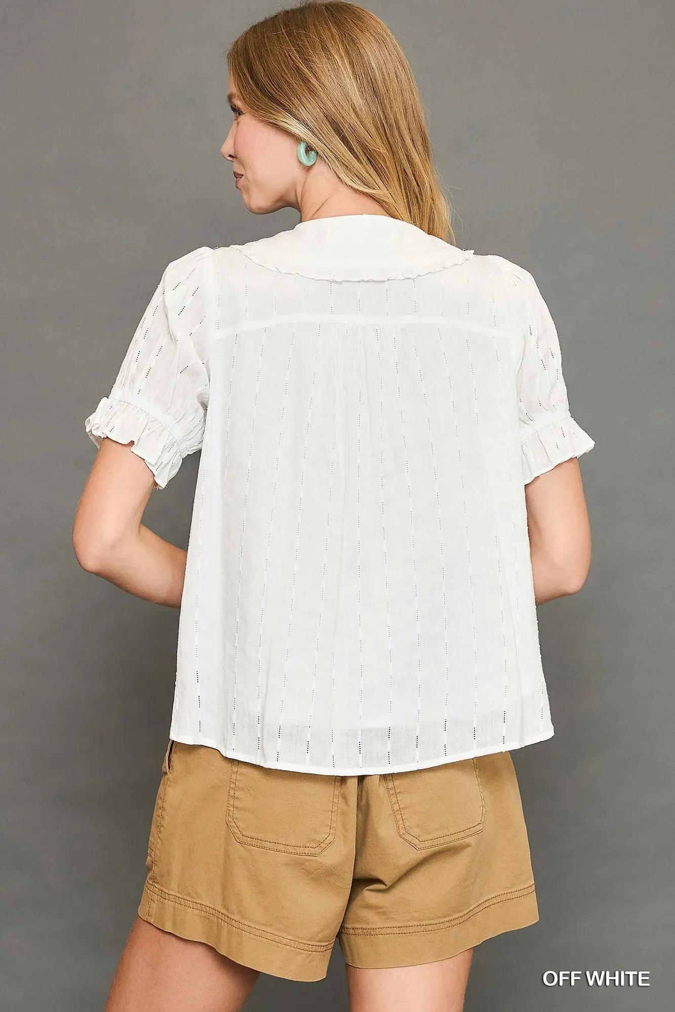 Umgee Peter Pan Collared Button Down Textured Shirt with Ruffled Detail sold by Charming Charlie product image thumbnail 3